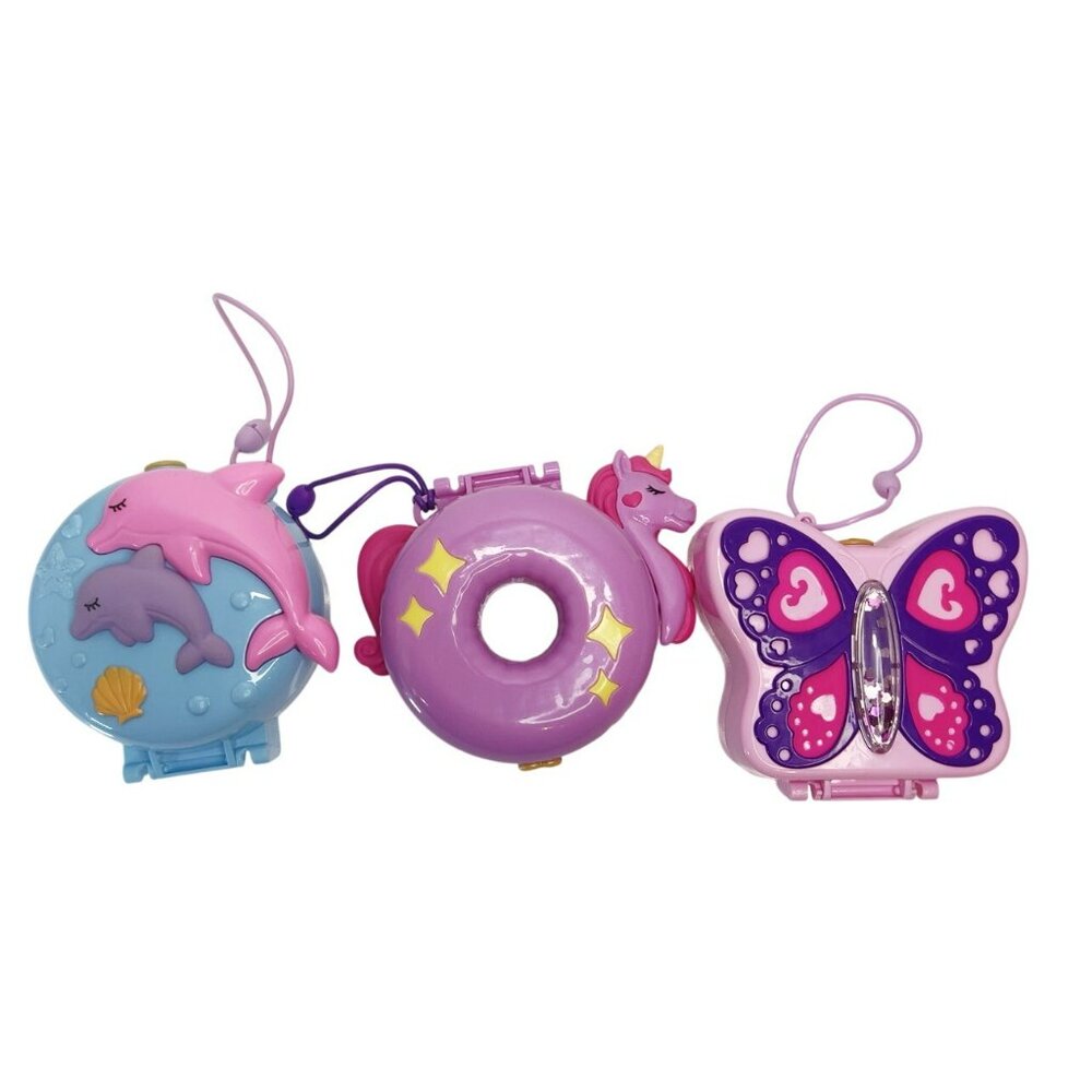 Polly Pocket Lot Of 3 Playsets Compacts Unicorn Donut Butterfly Dolphin